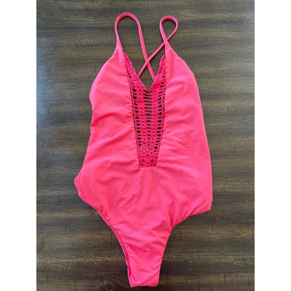 Billabong Swimsuit One Piece Crochet Back Detail Pink Spaghettie Strap S - Picture 1 of 5